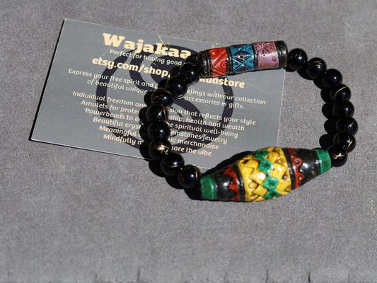 Andean Diamond and Barrel bracelet & Sacred Geometry Bead Bracelet | Gold-Striped Black Agate.  Energy practitioners, artisan jewelry lovers
