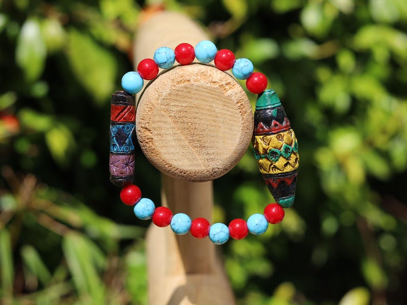Andean Diamond and Barrel bead Bracelet Turquoise Howlite Red Howlite Sacred Valley Ceramic Beads. reflect balance, protection