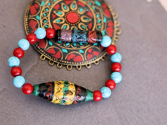 Andean Diamond and Barrel bead Bracelet Turquoise Howlite Red Howlite Sacred Valley Ceramic Beads. reflect balance, protection