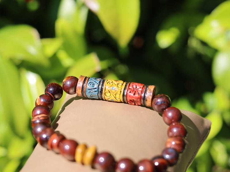 Tiger Eye & Sacred Valley Geometry Bracelet | Wooden Spacers • Peruvian Artisan Bead.  from Peru's Sacred Valley