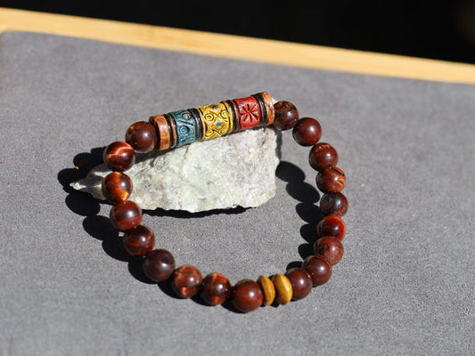 Tiger Eye & Sacred Valley Geometry Bracelet | Wooden Spacers • Peruvian Artisan Bead.  from Peru's Sacred Valley