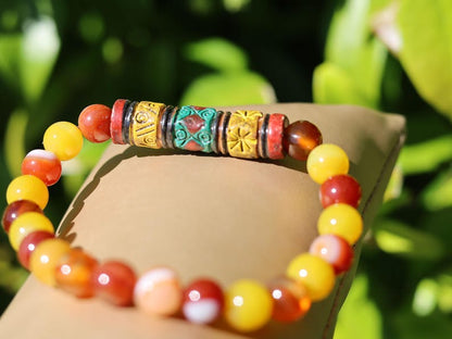 Andean Barrel Bead Bracelet | Yellow Chalcedony Jade • Red Striped Agate Strength  Joy Cultural Heritage