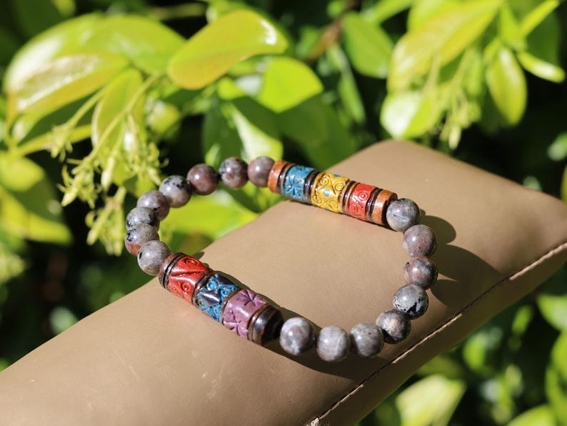 Larvikite & Andean Barrel Bead Bracelet | Spiritual Protection • Focus • Cultural Heritage. ancestral wisdom and spiritual awareness
