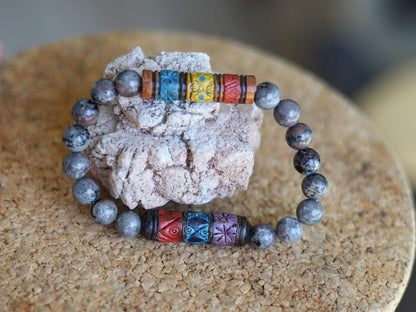 Larvikite & Andean Barrel Bead Bracelet | Spiritual Protection • Focus • Cultural Heritage. ancestral wisdom and spiritual awareness