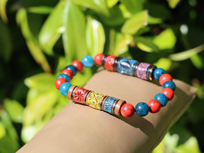 Red Howlite & Apatite Bracelet with Andean Barrel Beads | Focus • Vitality • Cultural Balance. harmony, and connection to tradition.