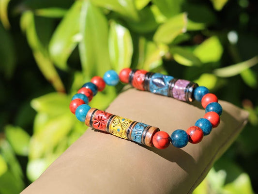 Red Howlite & Apatite Bracelet with Andean Barrel Beads | Focus • Vitality • Cultural Balance. harmony, and connection to tradition.