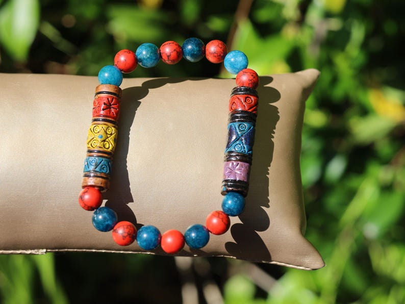 Red Howlite & Apatite Bracelet with Andean Barrel Beads | Focus • Vitality • Cultural Balance. harmony, and connection to tradition.