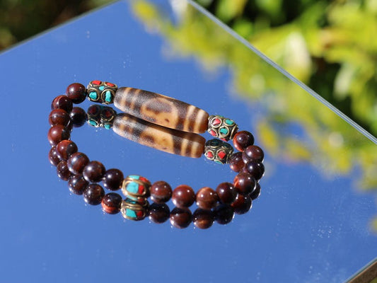 Wajakaa Design | Yin Yang Dzi Bead Bracelet | Tiger Eye • Handmade Nepal Brass • Turquoise & Coral Inlay.
