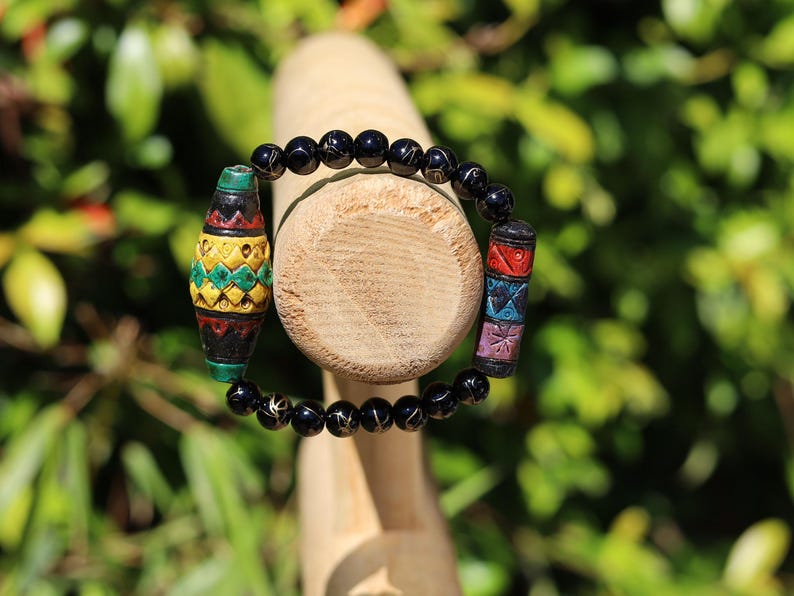 Andean Diamond and Barrel bracelet & Sacred Geometry Bead Bracelet | Gold-Striped Black Agate.  Energy practitioners, artisan jewelry lovers
