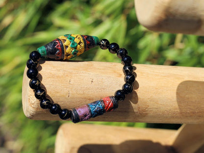 Andean Diamond and Barrel bracelet & Sacred Geometry Bead Bracelet | Gold-Striped Black Agate.  Energy practitioners, artisan jewelry lovers