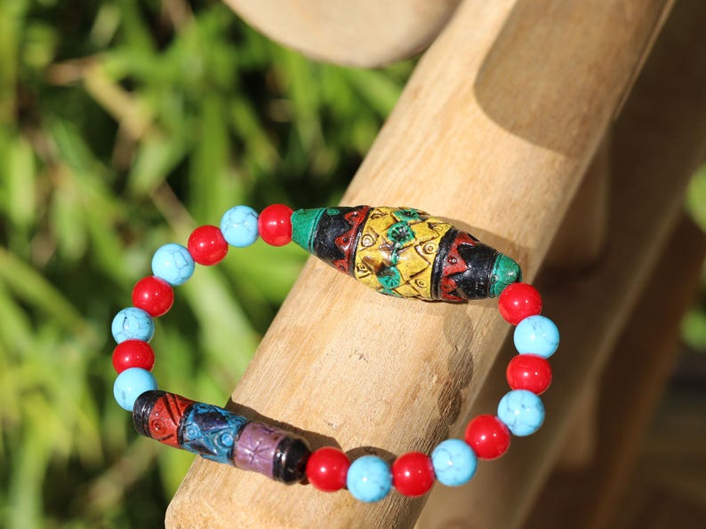 Andean Diamond and Barrel bead Bracelet Turquoise Howlite Red Howlite Sacred Valley Ceramic Beads. reflect balance, protection