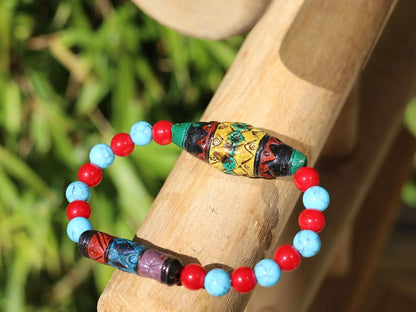 Andean Diamond and Barrel bead Bracelet Turquoise Howlite Red Howlite Sacred Valley Ceramic Beads. reflect balance, protection