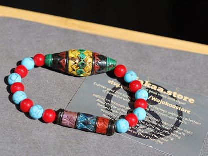 Andean Diamond and Barrel bead Bracelet Turquoise Howlite Red Howlite Sacred Valley Ceramic Beads. reflect balance, protection