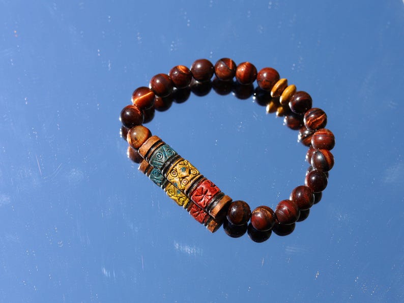 Tiger Eye & Sacred Valley Geometry Bracelet | Wooden Spacers • Peruvian Artisan Bead.  from Peru's Sacred Valley