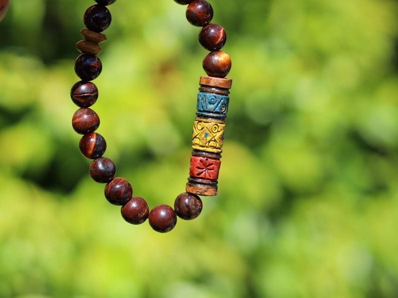 Tiger Eye & Sacred Valley Geometry Bracelet | Wooden Spacers • Peruvian Artisan Bead.  from Peru's Sacred Valley