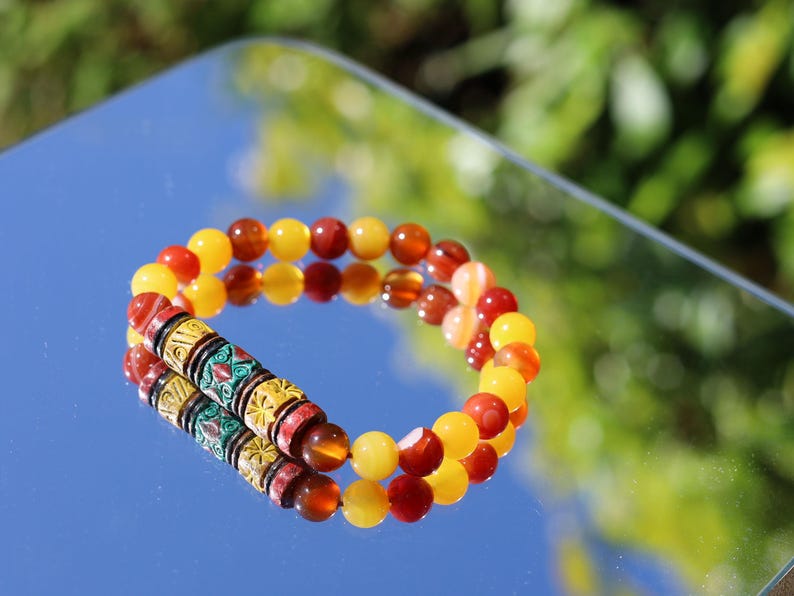 Andean Barrel Bead Bracelet | Yellow Chalcedony Jade • Red Striped Agate Strength  Joy Cultural Heritage