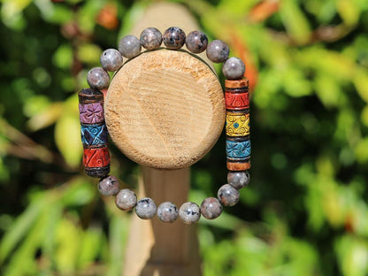 Larvikite & Andean Barrel Bead Bracelet | Spiritual Protection • Focus • Cultural Heritage. ancestral wisdom and spiritual awareness