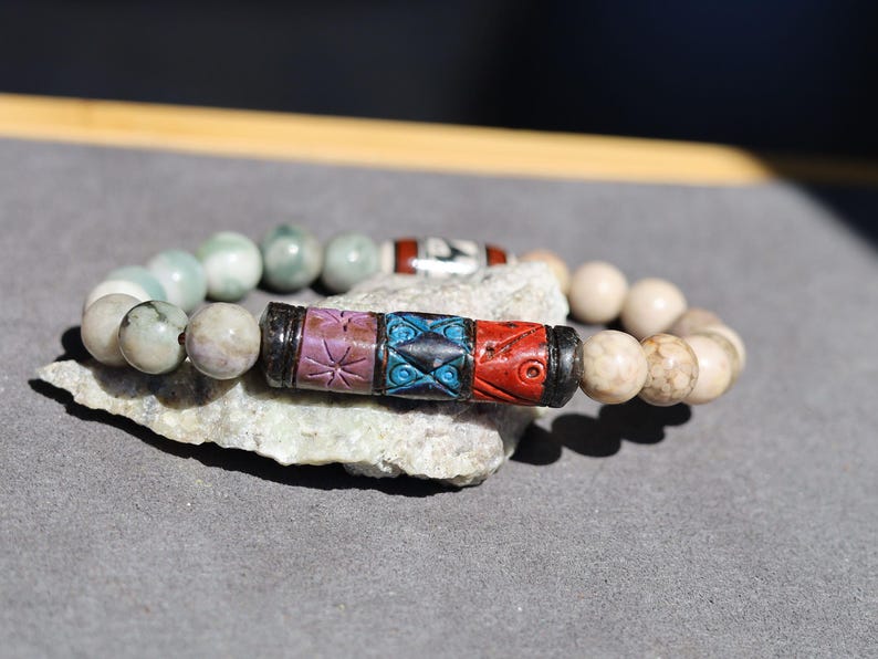 Peace Jade & Andean Barrel Bead Bracelet | Maifan Stone • Balance • Ancestral Energy. grounded expression of cultural depth
