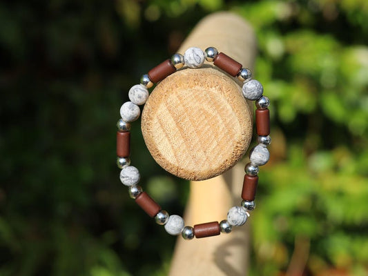 Frosted Picasso Stone & Rosewood Bracelet –Natural Balance and Style. Embrace the beauty of natural textures with this Frosted Picasso Stone