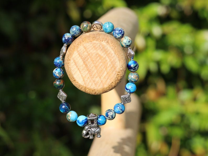 Yin Yang & Elephant Bracelet – Sea Sediment Turquoise | Taoist Balance Design. symbolizing wisdom, protection, and good fortune