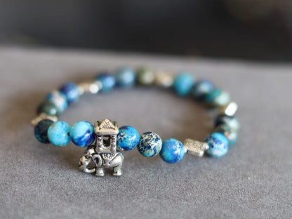 Yin Yang & Elephant Bracelet – Sea Sediment Turquoise | Taoist Balance Design. symbolizing wisdom, protection, and good fortune