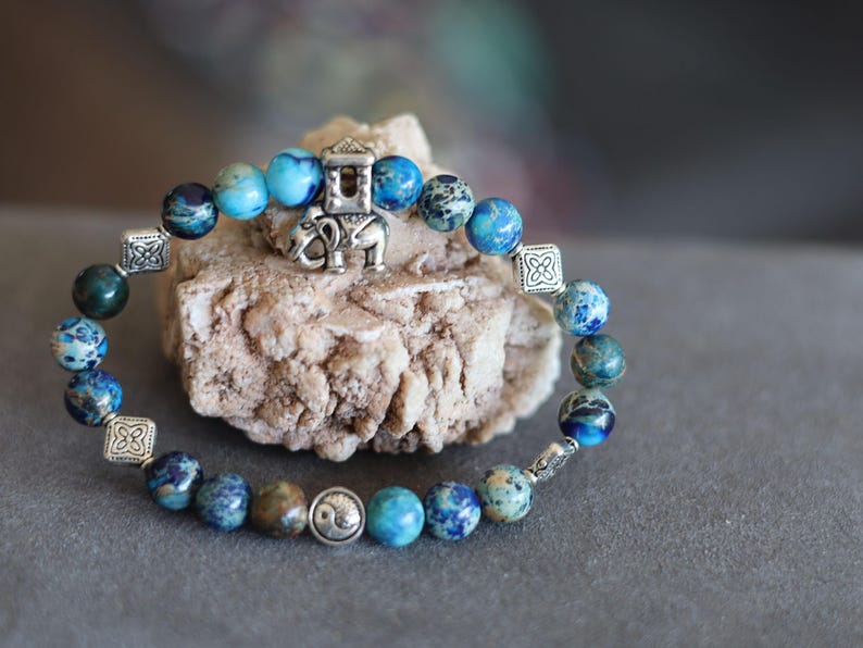 Yin Yang & Elephant Bracelet – Sea Sediment Turquoise | Taoist Balance Design. symbolizing wisdom, protection, and good fortune