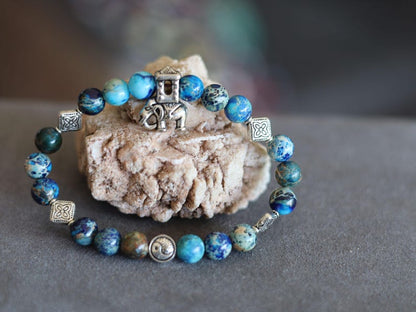 Yin Yang & Elephant Bracelet – Sea Sediment Turquoise | Taoist Balance Design. symbolizing wisdom, protection, and good fortune