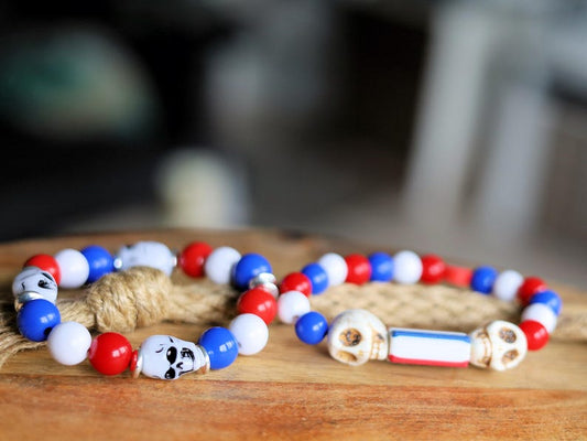 Dutch Skull Bracelet Set – Patriotic Red • White • Blue | Bold & Elegant.combining bold symbolism with classic Dutch colors.