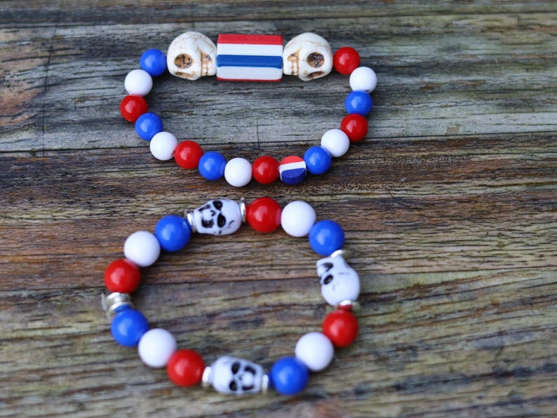 Dutch Skull Bracelet Set – Patriotic Red • White • Blue | Bold & Elegant.combining bold symbolism with classic Dutch colors.