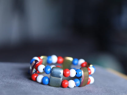 Dutch Double Row Bracelet – Red • White • Blue Wood & Holographic Beads. With striking holographic beads for a modern, eye-catching twist