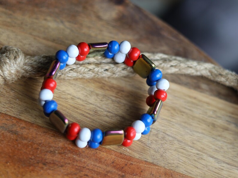 Dutch Double Row Bracelet – Red • White • Blue Wood & Holographic Beads. With striking holographic beads for a modern, eye-catching twist