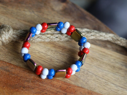 Dutch Double Row Bracelet – Red • White • Blue Wood & Holographic Beads. With striking holographic beads for a modern, eye-catching twist