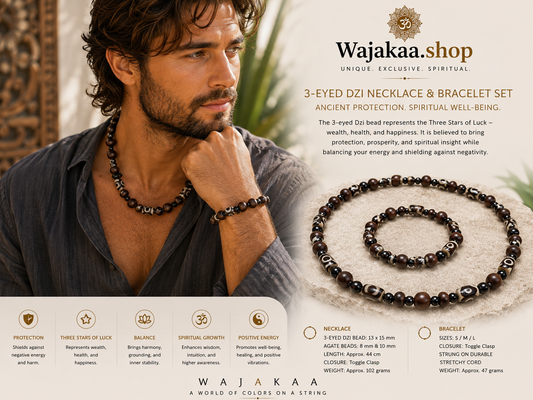 Jewelry set. 3-eyed black and white dzi necklace and bracelet. Wearing a 3-eye dzi bead  is believed to promote spiritual well-being