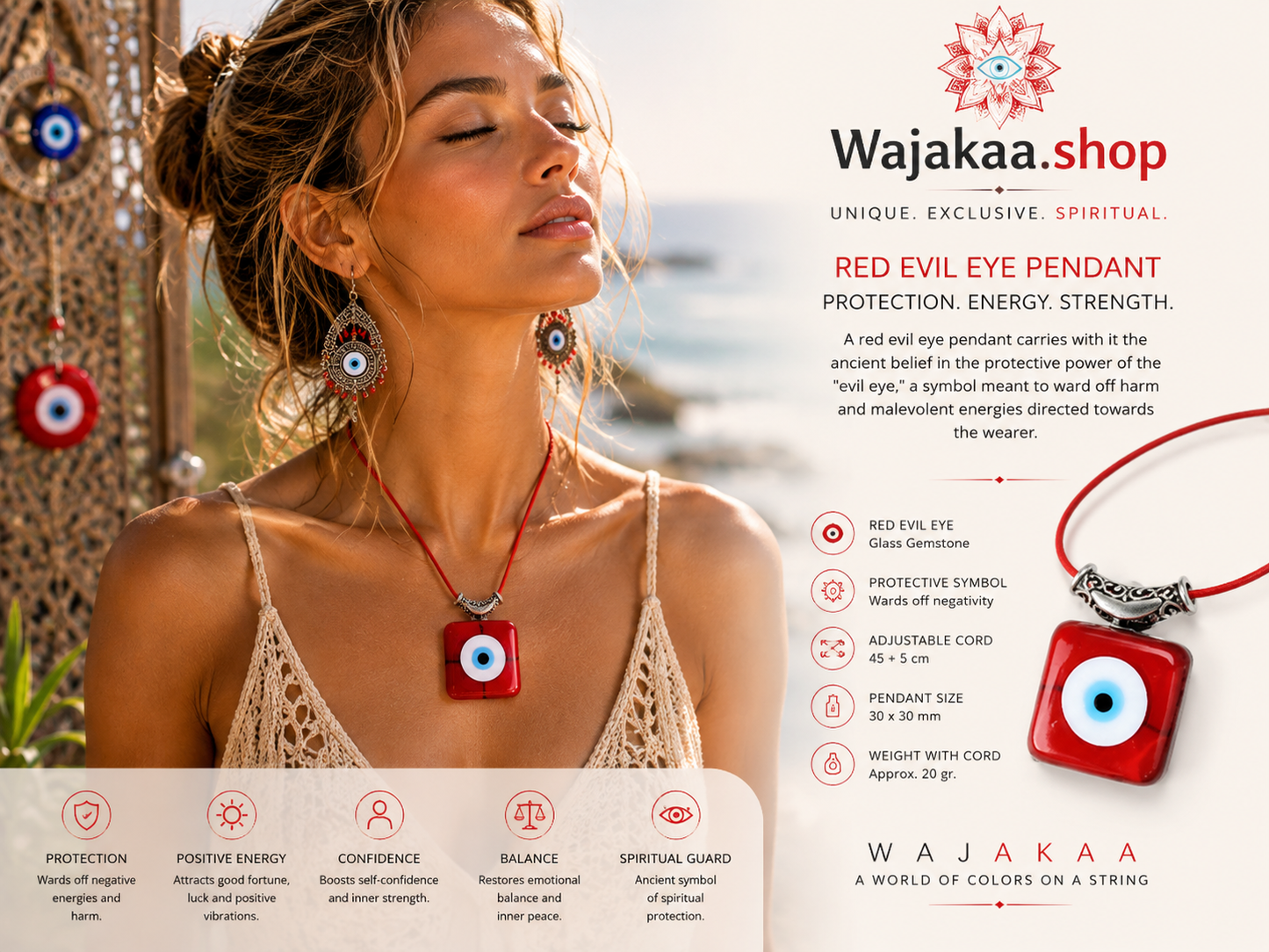 A red evil eye pendant carries with it the ancient belief in the protective power of the "evil eye," a symbol meant to ward off harm and malevolent energies directed towards the wearer.