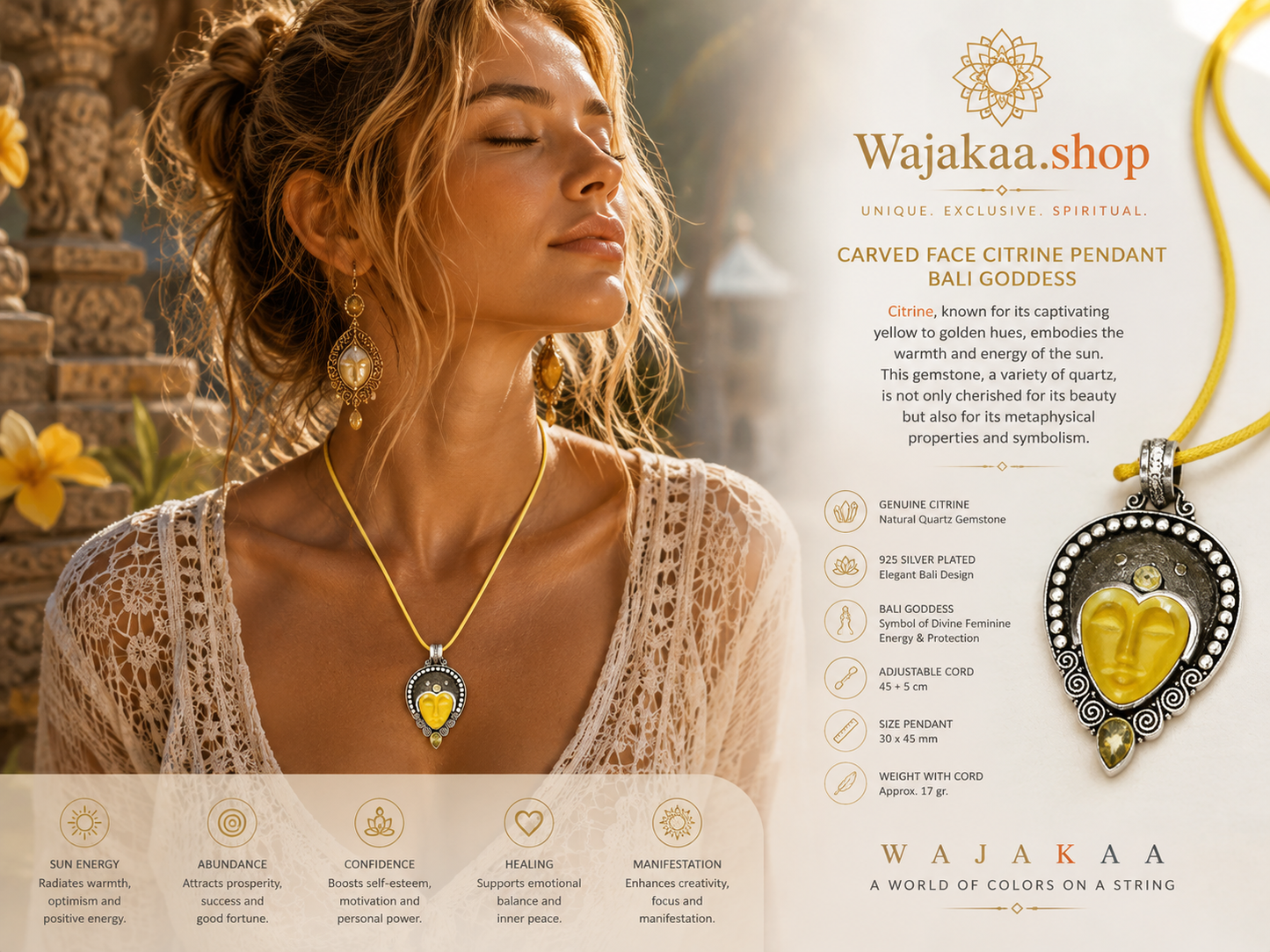 Carved Face Citrine 925, silver plated pendant. Bali Godess. Citrine, known for its captivating yellow to golden hues, embodies the warmth and energy of the sun.