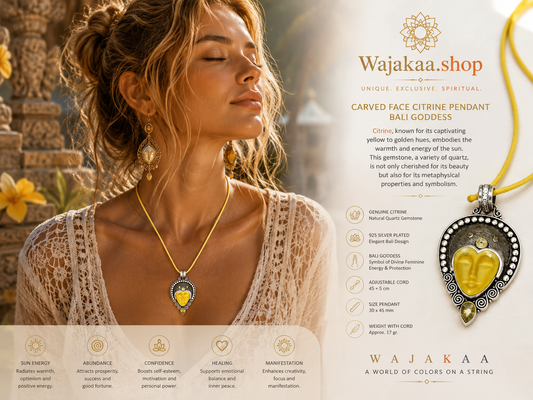 Carved Face Citrine 925, silver plated pendant. Bali Godess. Citrine, known for its captivating yellow to golden hues, embodies the warmth and energy of the sun.