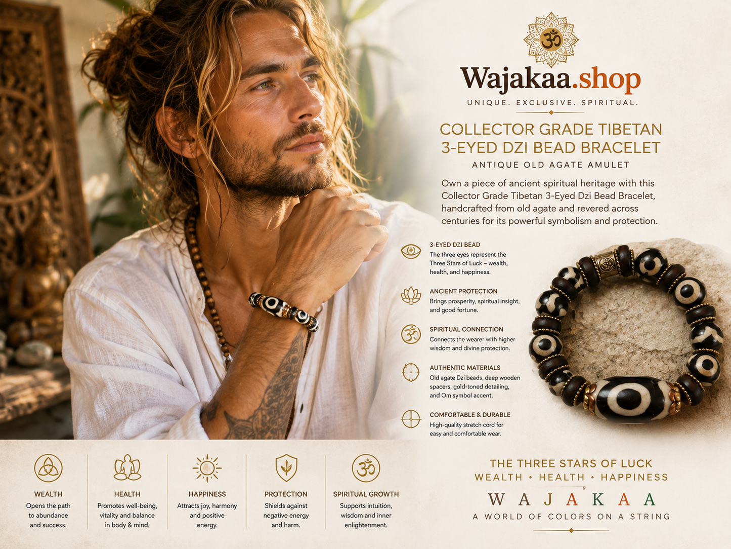 Collector Grade Tibetan 3-Eyed Dzi Bead Bracelet – Antique Old Agate Amulet. Own a piece of ancient spiritual heritage