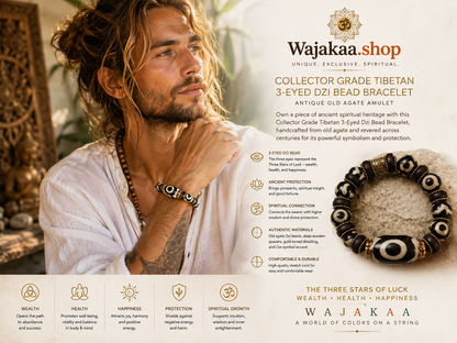Collector Grade Tibetan 3-Eyed Dzi Bead Bracelet – Antique Old Agate Amulet. Own a piece of ancient spiritual heritage