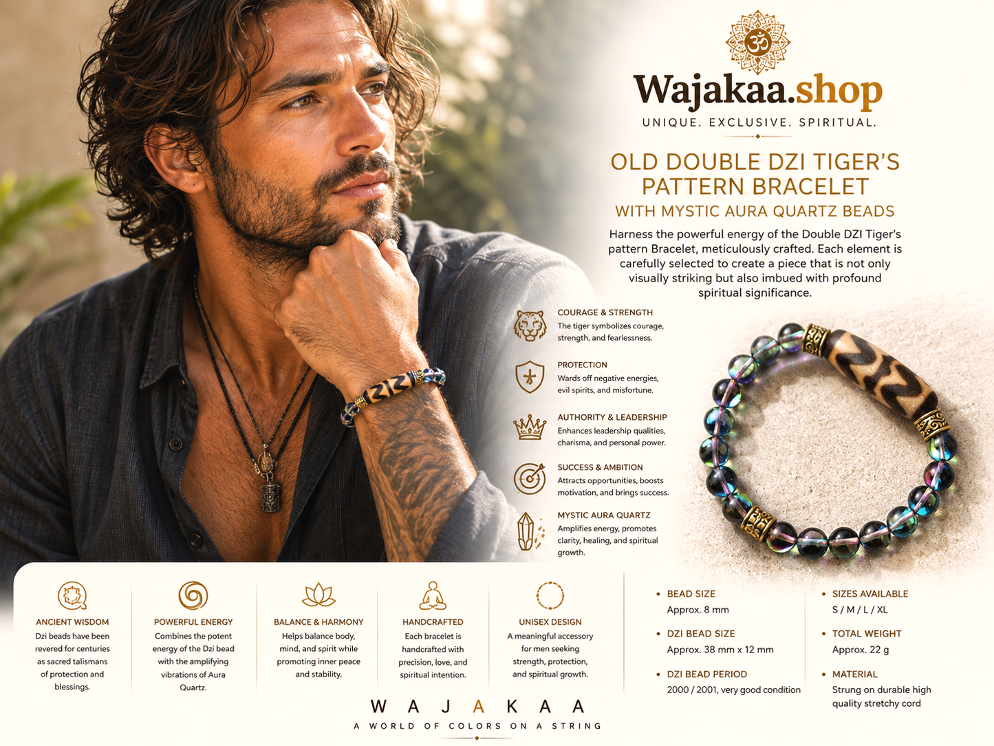 Old Double DZI Tiger’s pattern Bracelet with Mystic Aura Quartz beads. Visually striking with profound spiritual significance.