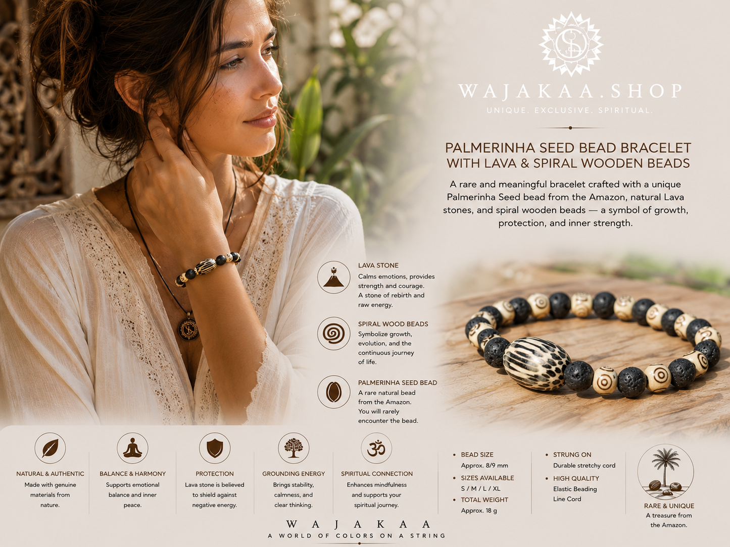 Palmerinha Seed Bead bracelet with Lava and wooden beads with spiral. You will rarely encounter the bead